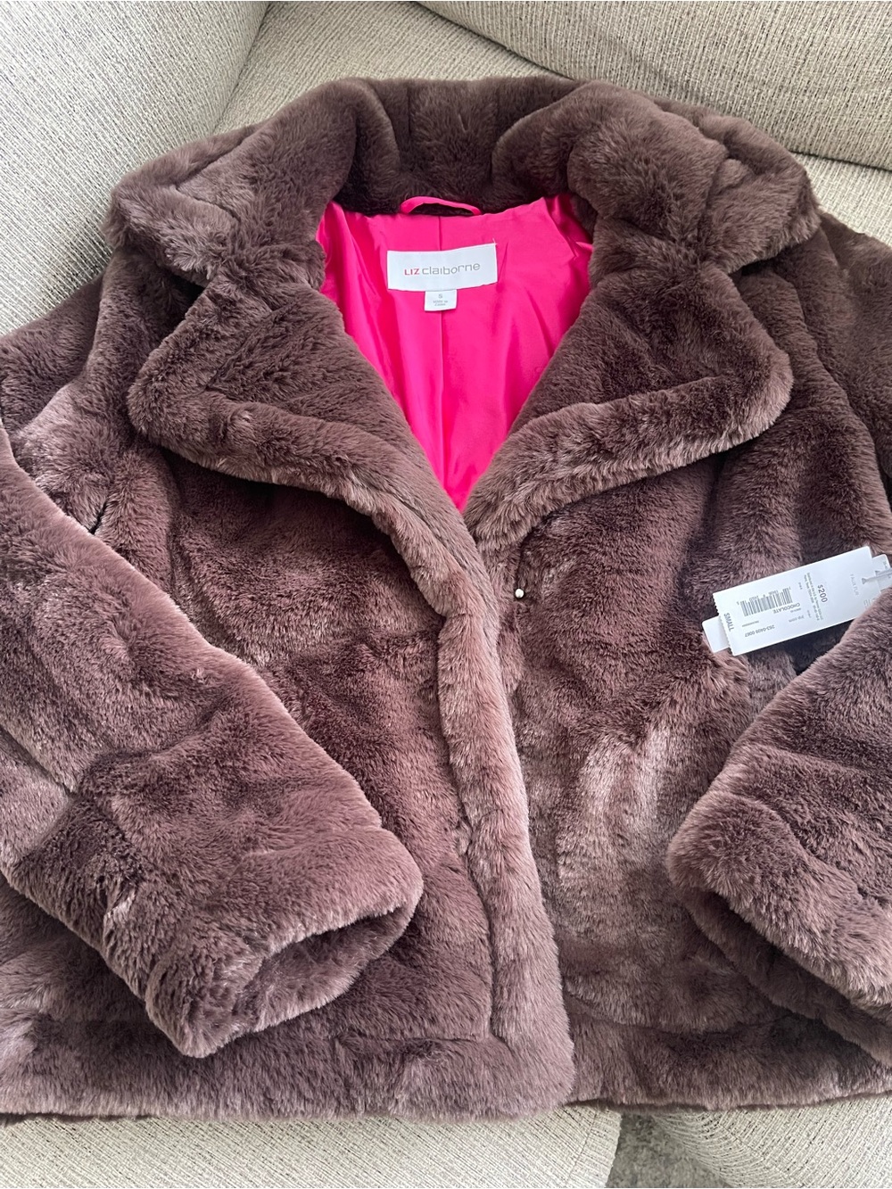 Liz Claiborne Brown Faux Fur Coat with Hot Pink Lining
